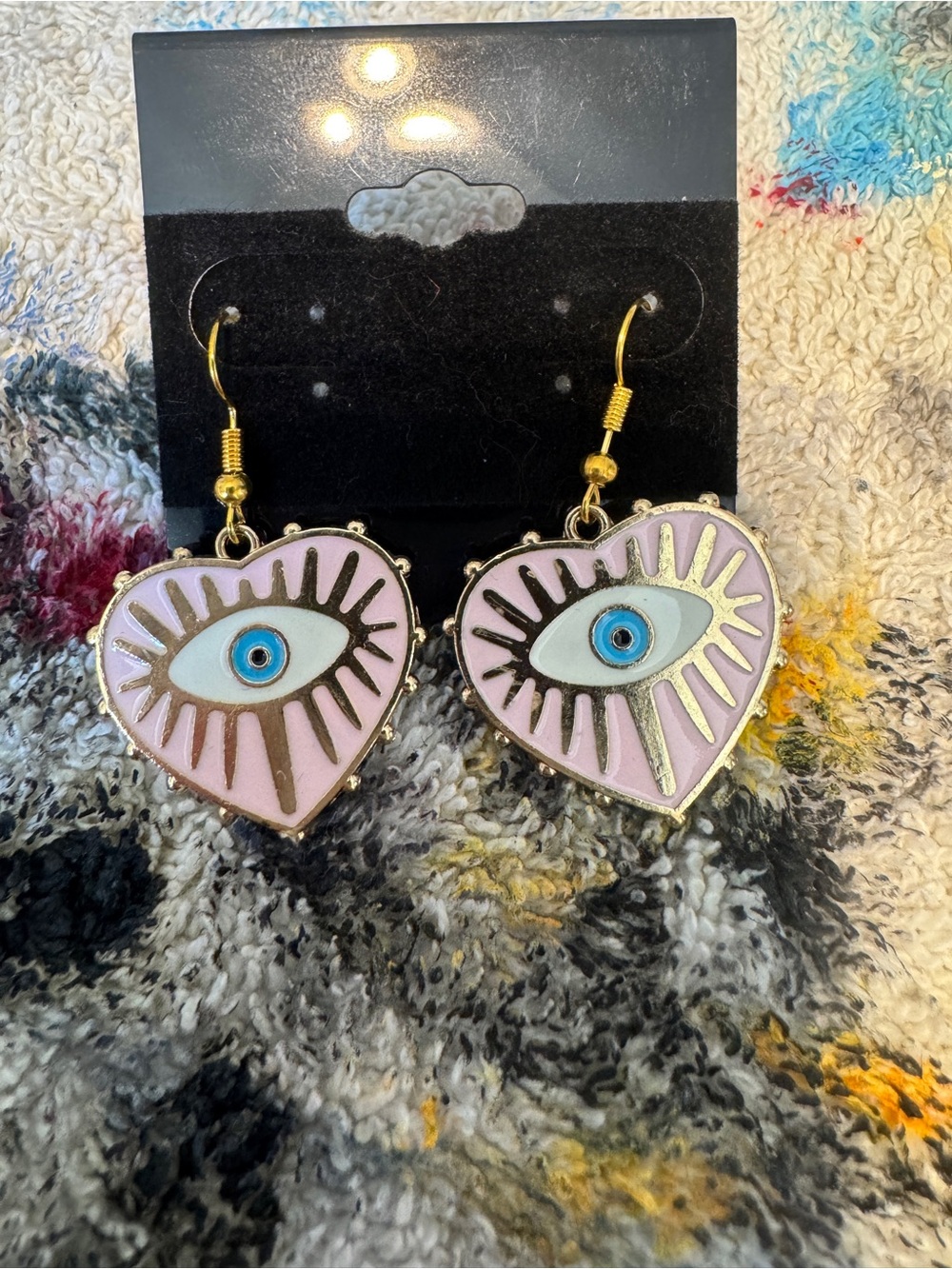 Pink Heart Protection Eye Gold Tone Drop Earrings